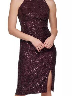 NWOT Eliza J Sequin Halter Midi Dress In Deep, Rich Purple. Size 8-14